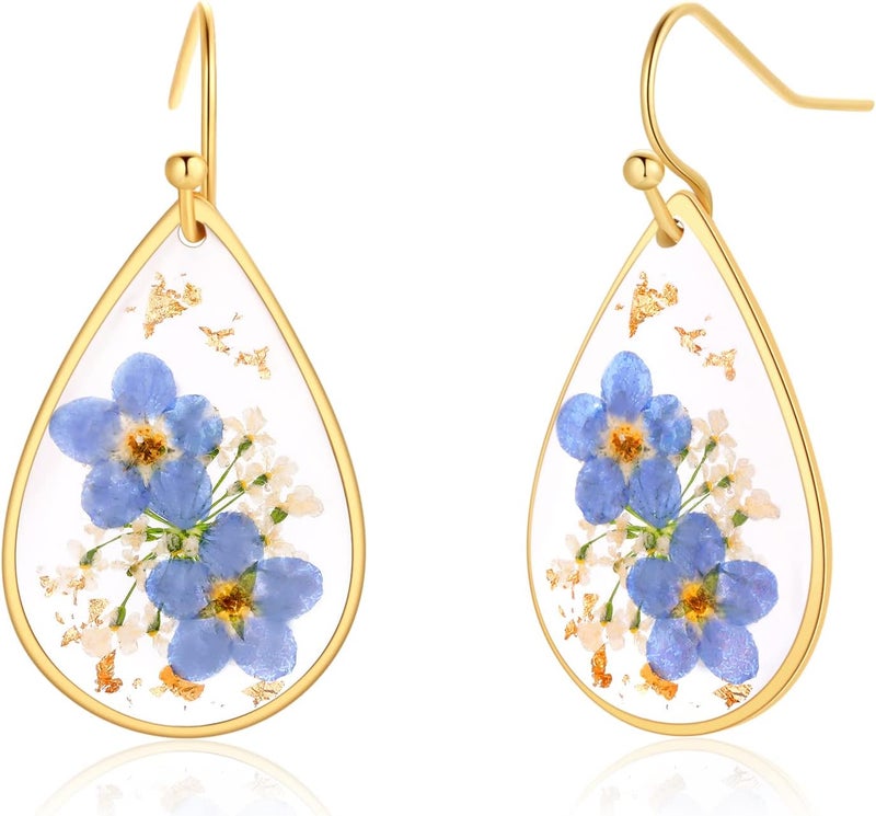 AUNTESIGN Store Forget-Me-Not and Queen Anne's Lace Pressed Wildflower Earrings | Pressed Flower Earrings | Handmade Drop and Dangle Earrings | Gift for Woman - Image 1